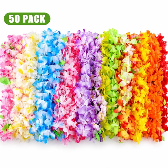 Wavraging Hawaiian Leis Bulk 50 Pack, Colorful Tropical Flower Lei Necklaces for Luau Party Decorations, Beach Pool Party Favors, Summer Birthday Supplies