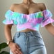 thumbnail image 4 of Blusa corta fruncida con hombros descubiertos y estampado de manga corta sin tirantes para mujer Pompotops hkajfhjk473561, 4 of 6