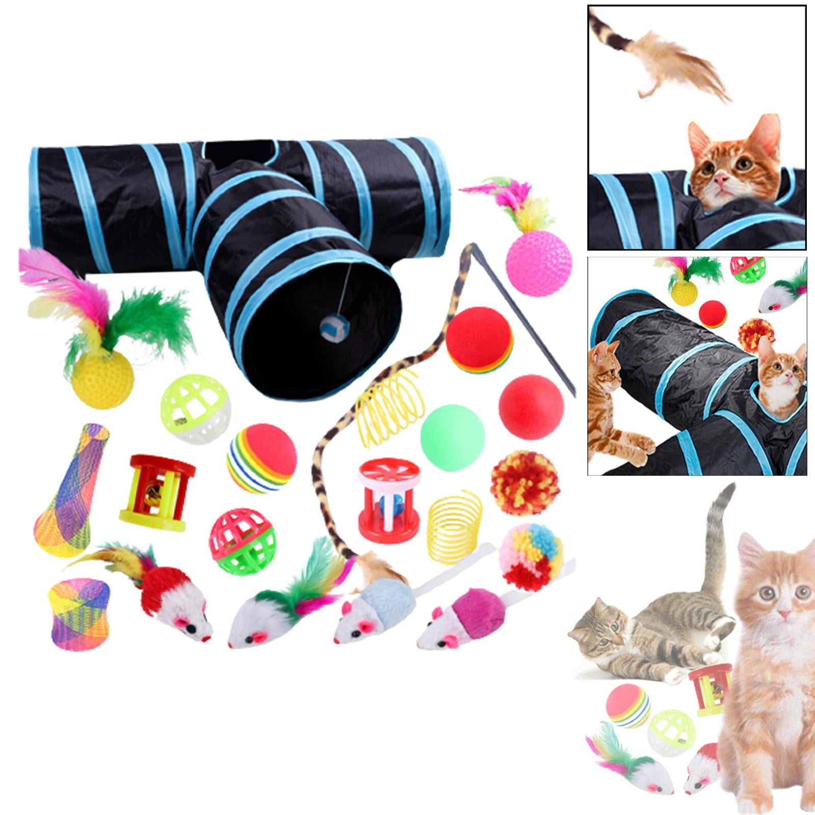 22 piece Interactive Cat Toy Sets,Collapsible Cat Tunnels for Indoor Cats, Feather Teaser Crinkle Balls Spring Toy Catnip Fish for Cats , B99502