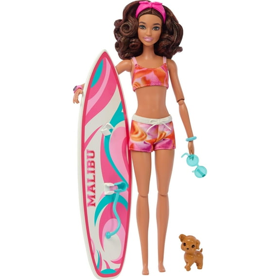 Barbie Doll with Surfboard and Puppy, Poseable Brunette Barbie Beach Doll (Assembled Product Height: 12in)