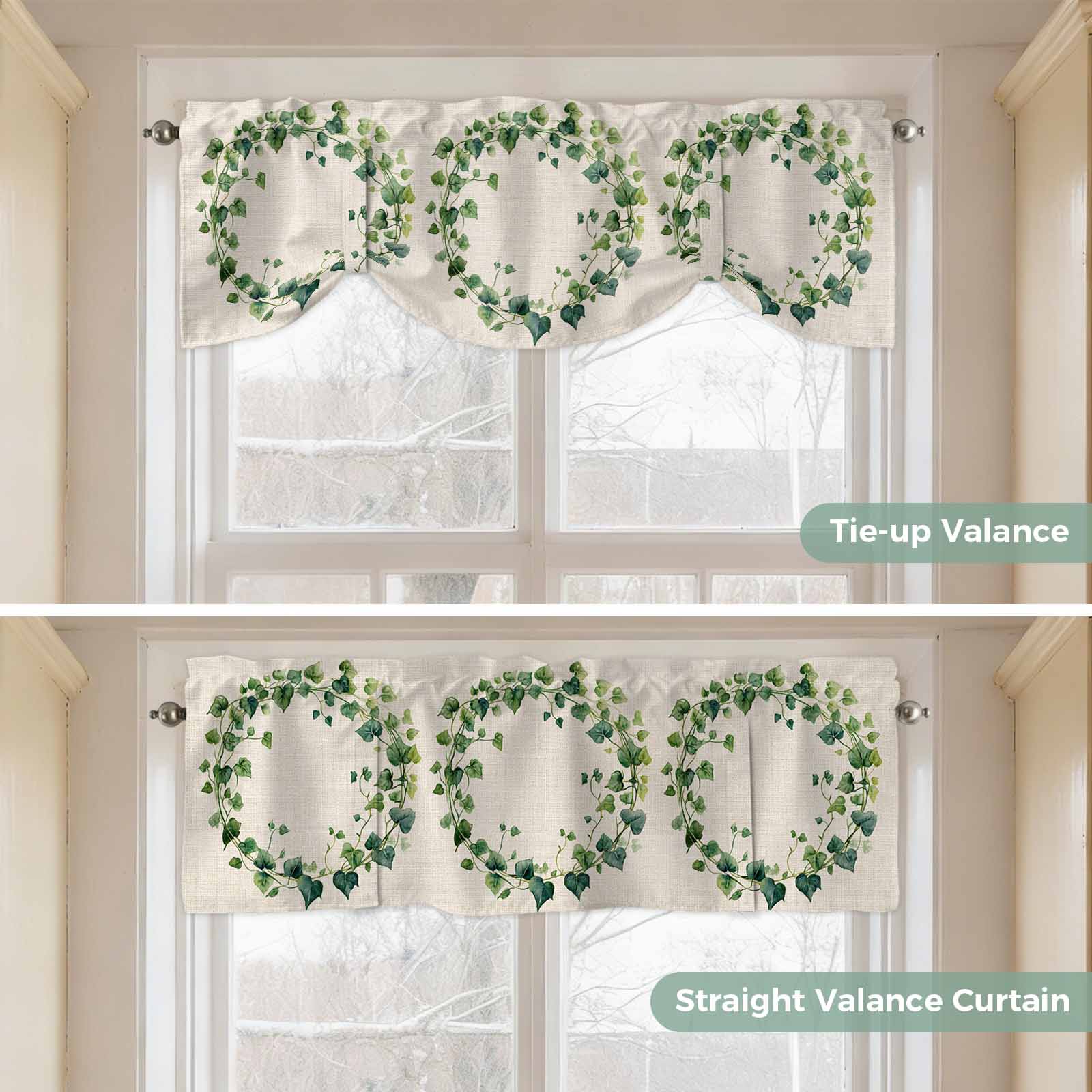 Spring Plant Tie Up Valances Curtain, Green Circle Leaf Linen Texture Adjustable Rod Pocket Short Window Treatment Tie Up Curtains Valances for Kitchen Living Room Bathroom 60x18 Inches