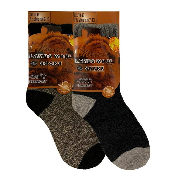 Mens 2-Pack Black & Gray Thick Lambswool Thermal Socks