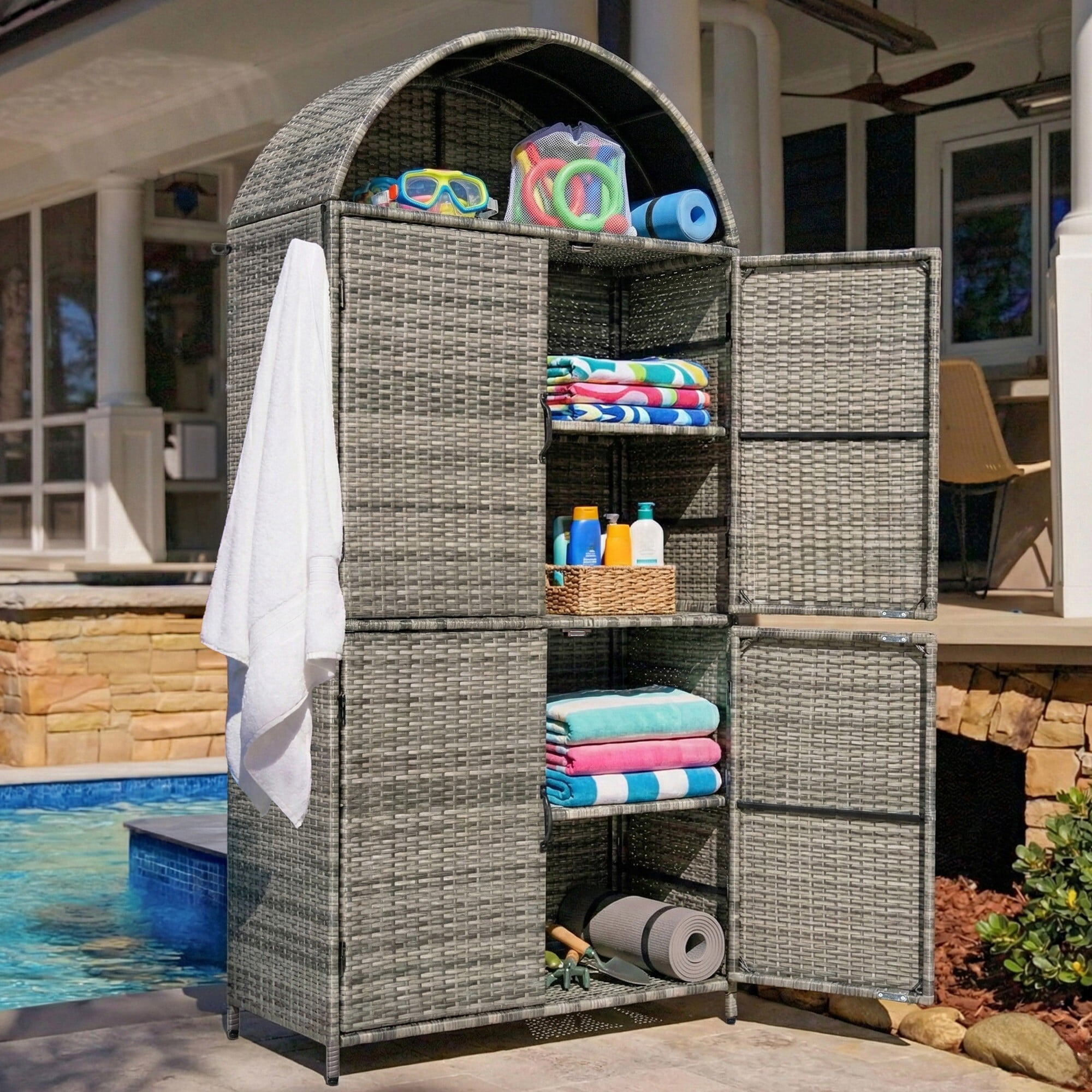 AENKYO 72" Tall Arched Wicker Outdoor Storage Cabinet, Vertical Poolside Towel Holder & Rattan Garden Shed, Gray