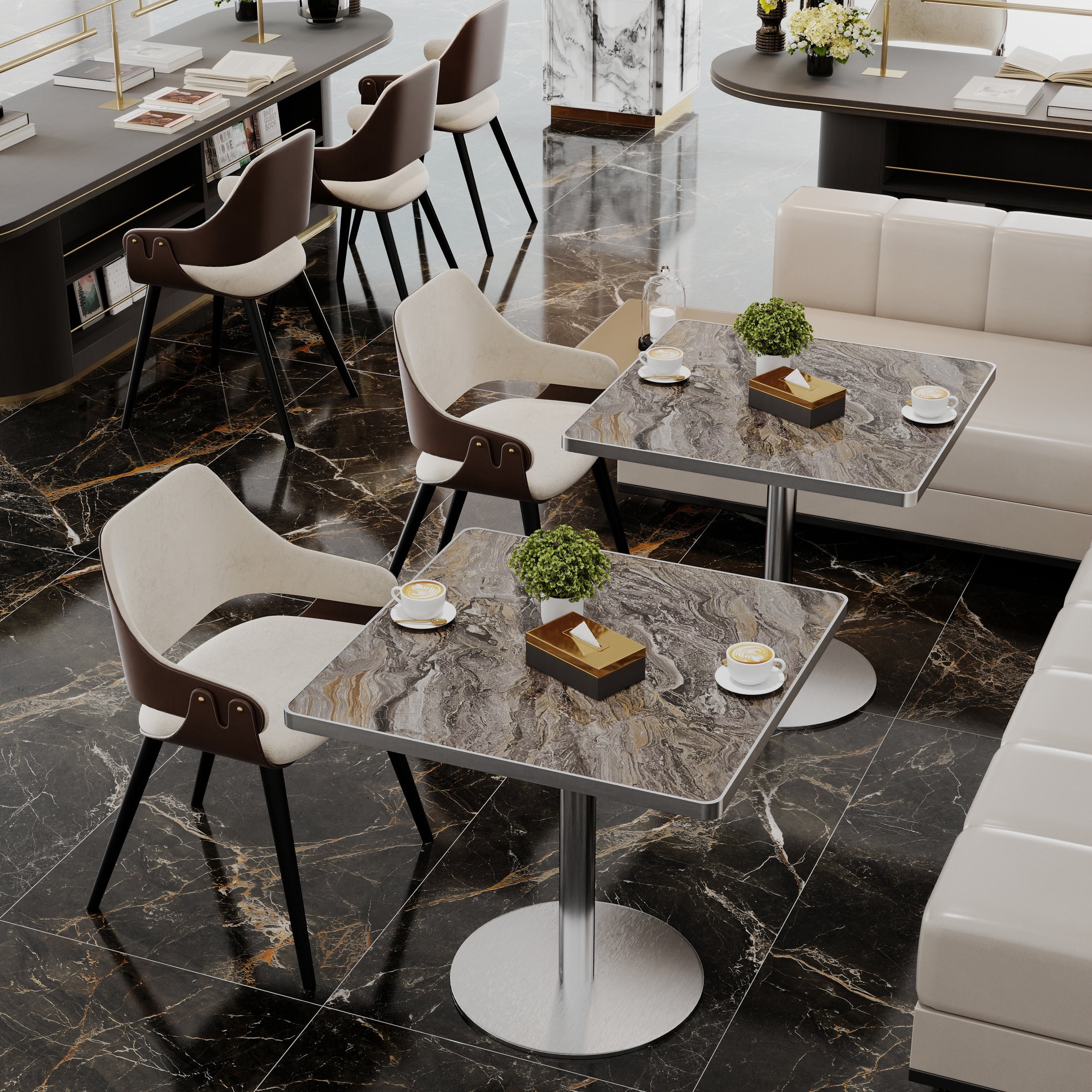 Noble House 31.5" Square Dining Table with Faux Marble Top, Luxury Bistro Table with Stainless Steel Legs, Gray & Silver