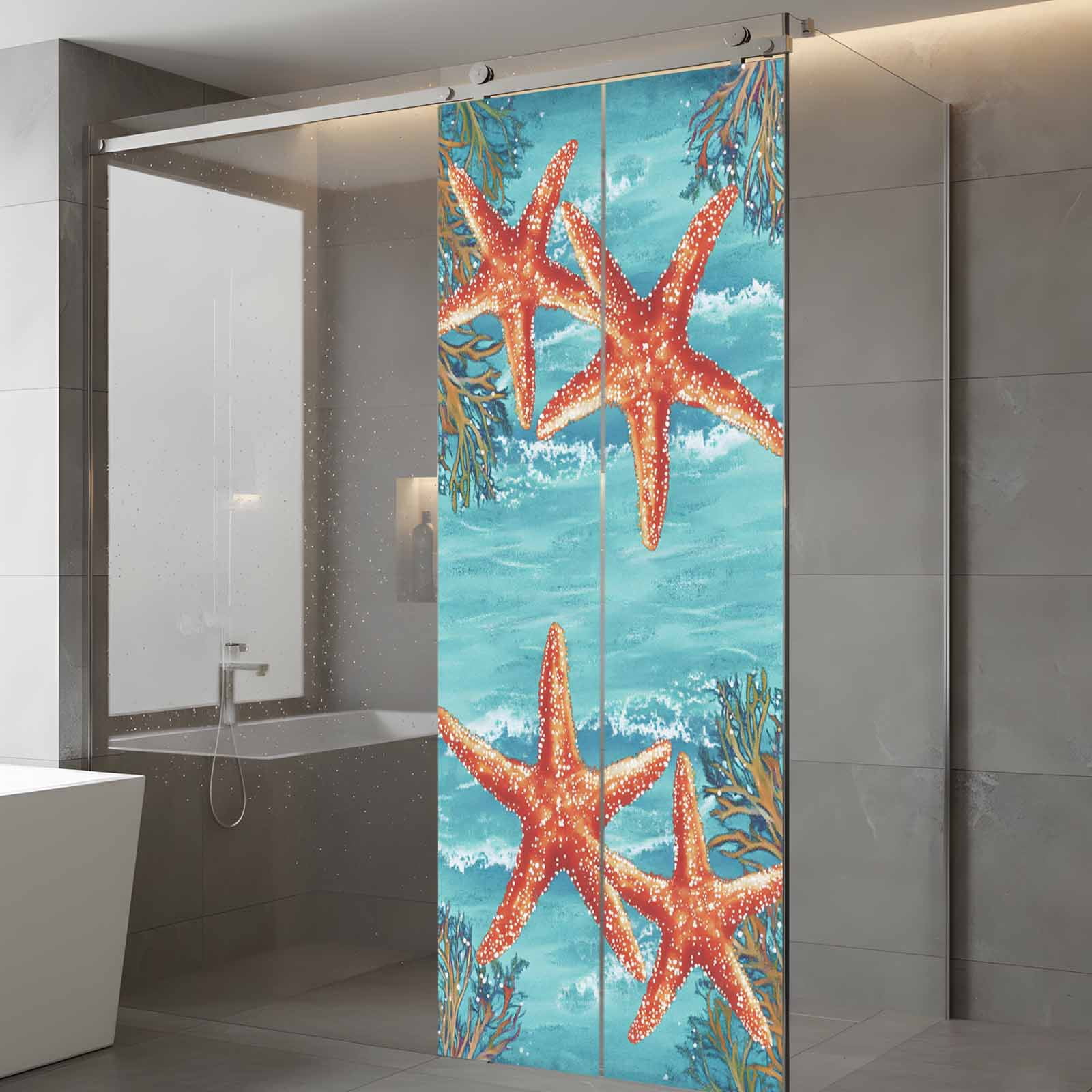 Orange Starfish Window Privacy Film, Seaweed Retro Frosted Glass Window Clings Static Cling UV Heat Blocking Reusable Door Sticker for Bathroom 23.6 x 59 Inch