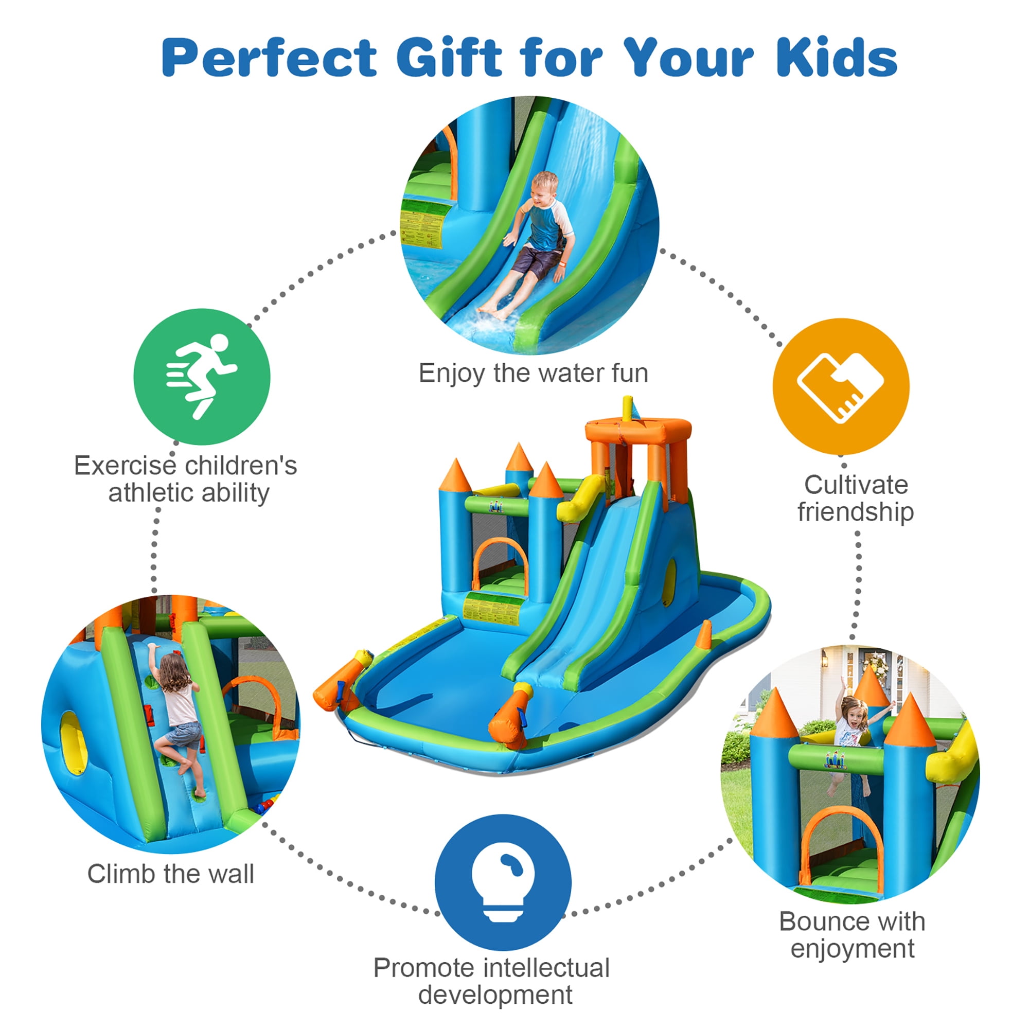Costway Bountech Inflatable Water Slide Kids Bounce House Splash Pool without Blower for Toddler, Bouncy Water Park