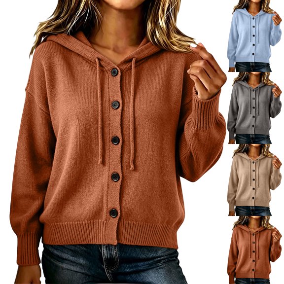 Womens Outwear Solid Knitted Tops Hooded Buttons Long Sleeve Sweater S-2XL