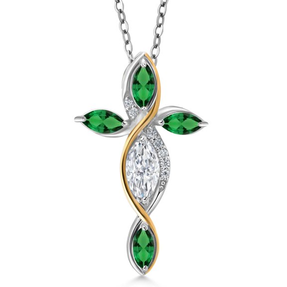 Cross Necklace for Women in 925 Silver and 10K Yellow Gold with White Moissanite and Green Nano Emerald | 1.32 Cttw | Jesus Christian Religious Crucifix | Marquise 8X4MM | 18 inch Chain