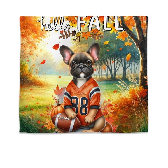 Hello Fall French Bulldog Football Welcome Autumn with Leaves Pumpkins Tapestry Dog Lover Gifts Wall Hanging Backdrop Home Decor - 00012