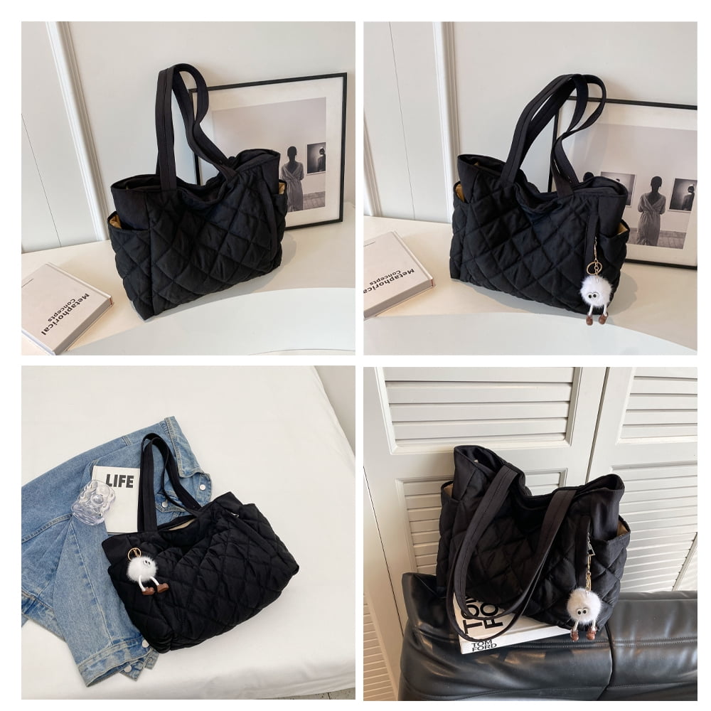 Travel Totes，Puffer Work Tote Bag for Women, Quilted Puffy Bag with compartments (Black)