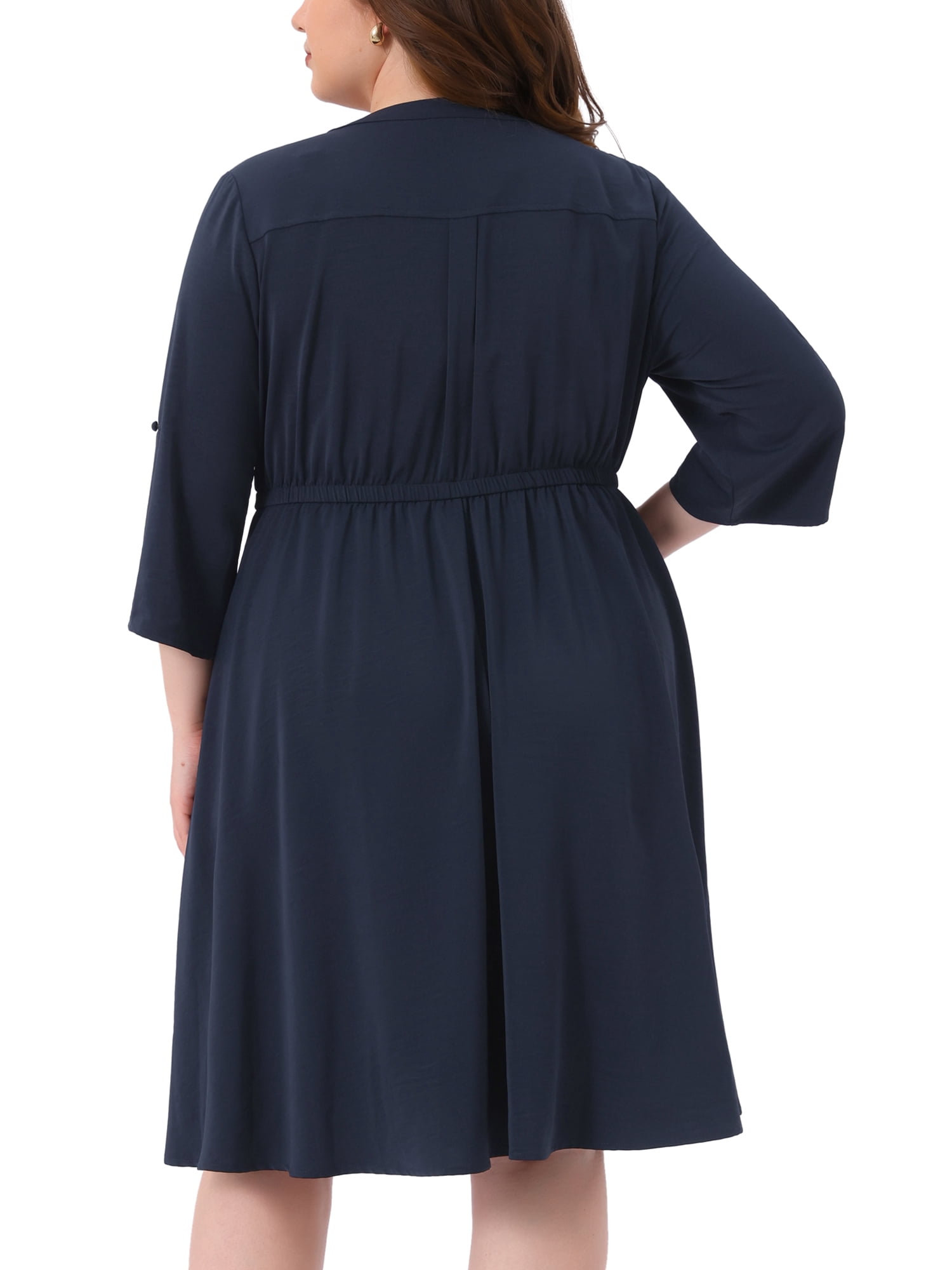 DARING DIVA Plus Size Notch 3/4 Rolled Sleeve Button Midi Shirt Dress 2X Navy Blue