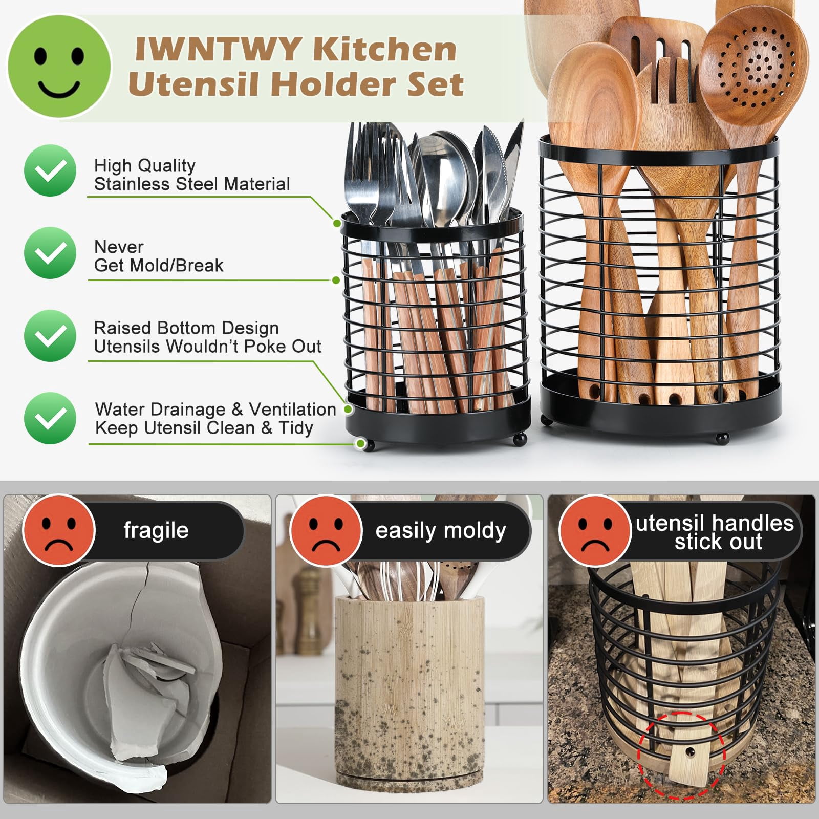 IWNTWY Utensil Holder, 2 Pack 7.7" + 6" Stainless Steel Large Cooking Utensil Crocks Organizer for Countertop
