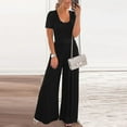 thumbnail image 5 of Riforla Womens Summer Short Sleeve Jumpsuits High Waist Low Cut Casual Scoop Neck Fit and Flare Long Pants Rompers Jumpsuits for Women Black M, 5 of 9