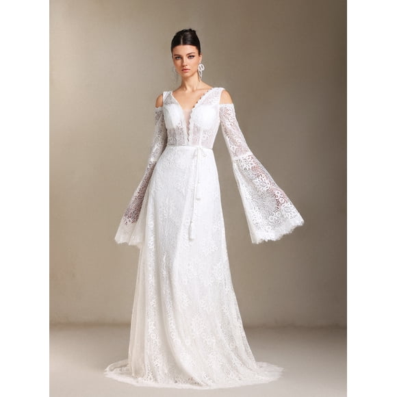 Vestido de novia bellabarnetten Eren con cuello en V y encaje bohemio