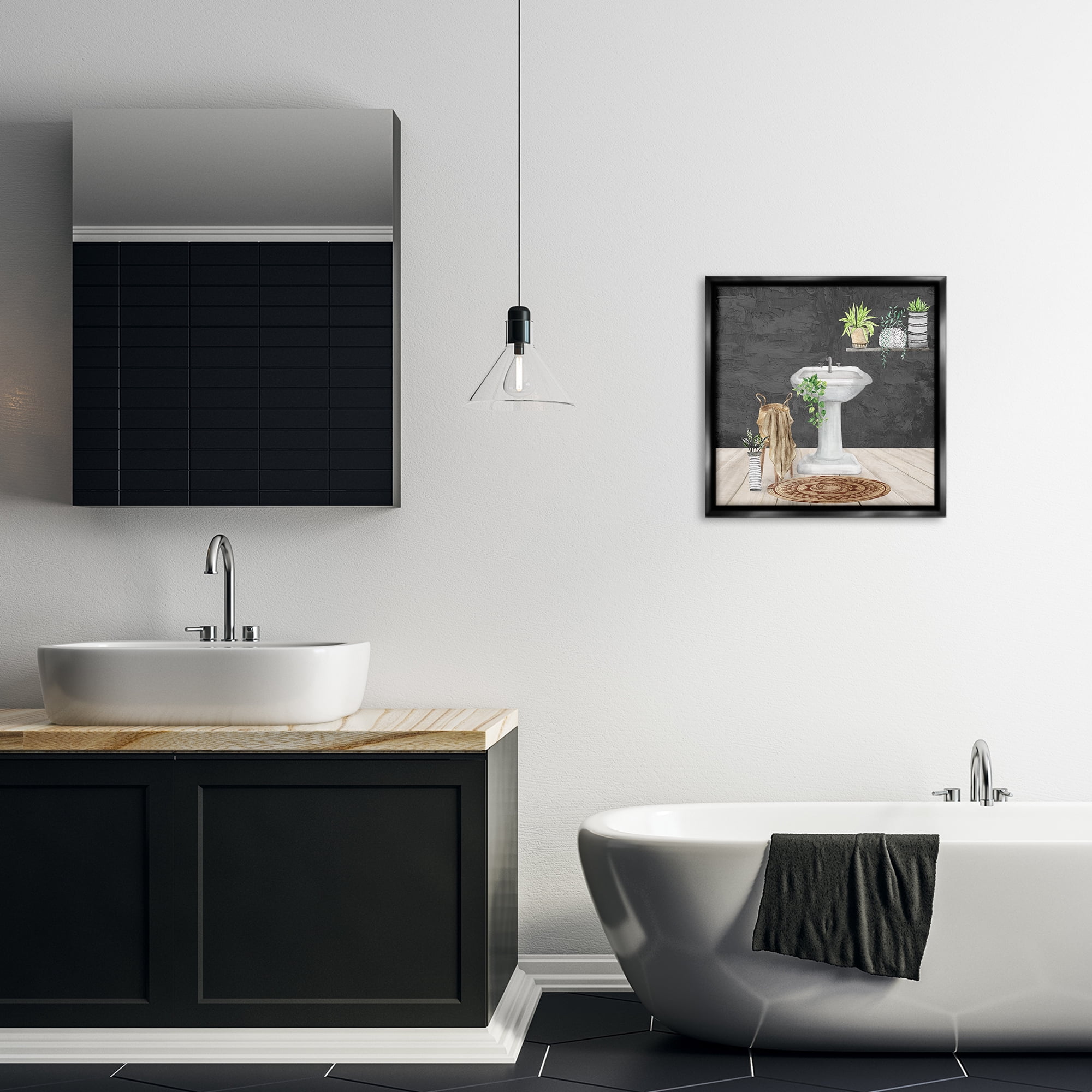 Stupell Industries Relaxing Bathroom View Bath & Laundry Painting Black Floater Framed Canvas Art Print Wall Art, 18 x 18