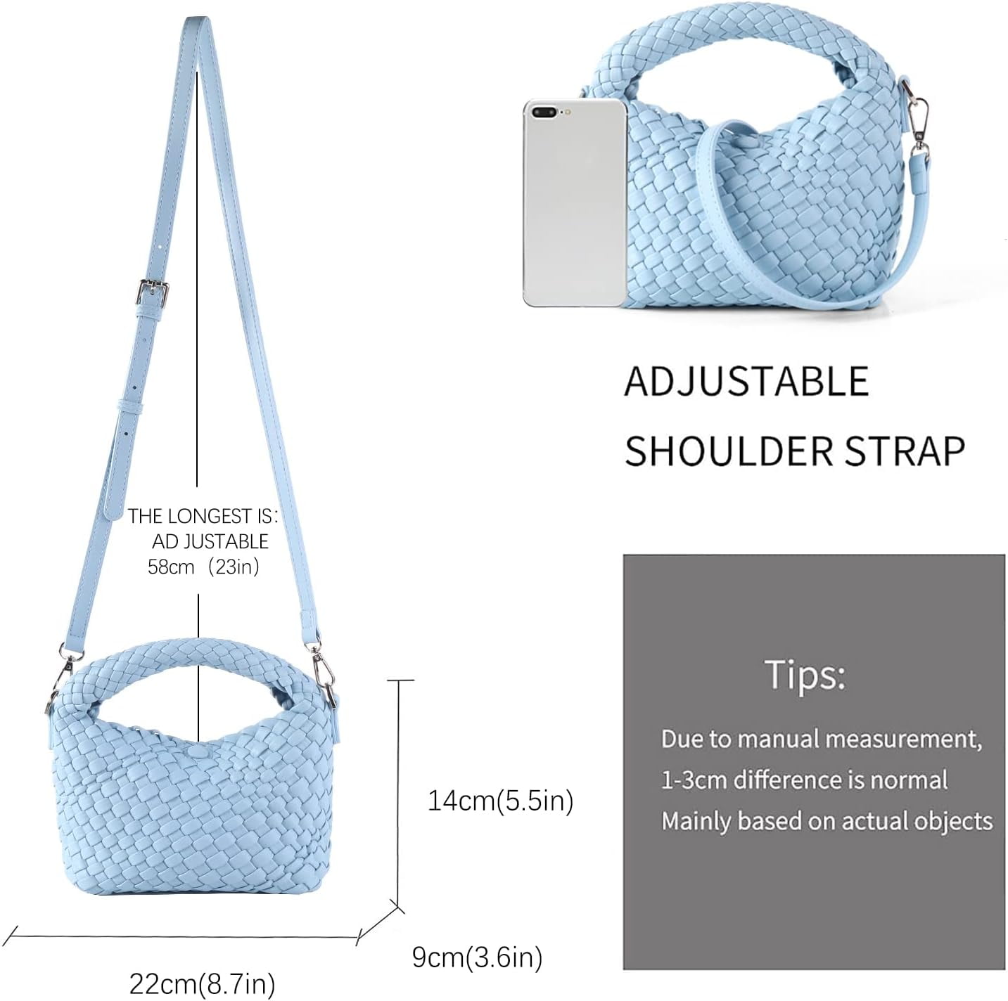 HMSHA Women Woven Tote Small Crossbody Bag, Weave Quilted Purse Square Shoulder Bag Woven Handbag with Detachable Strap