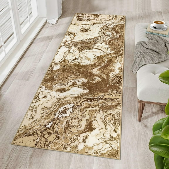 Modern Abstract Marble Print Runner Rug 2' x 6'– Soft, Washable, Non-Slip & Non-Shedding(Khaki)
