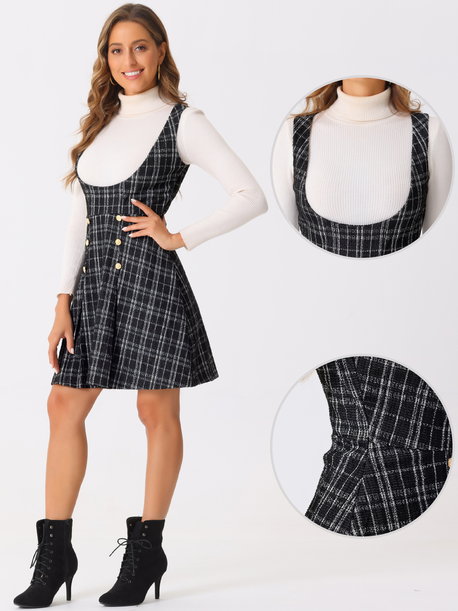 DARING DIVA Women's Pinafore U Neck Tweed Plaid Dress with Button Decor M Black