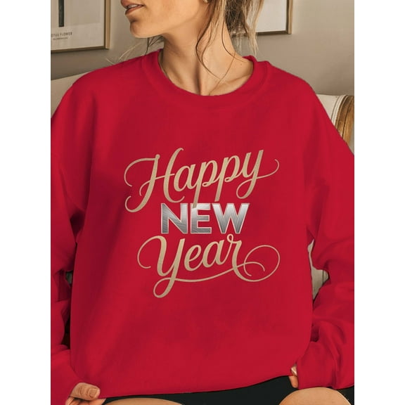 Women's Glitter Happy New Year Sweatshirt - Sparkling Cursive Lettering Design, Casual Winter Warm Pullover Sweater for NYE Parties, Christmas, Casual Attire