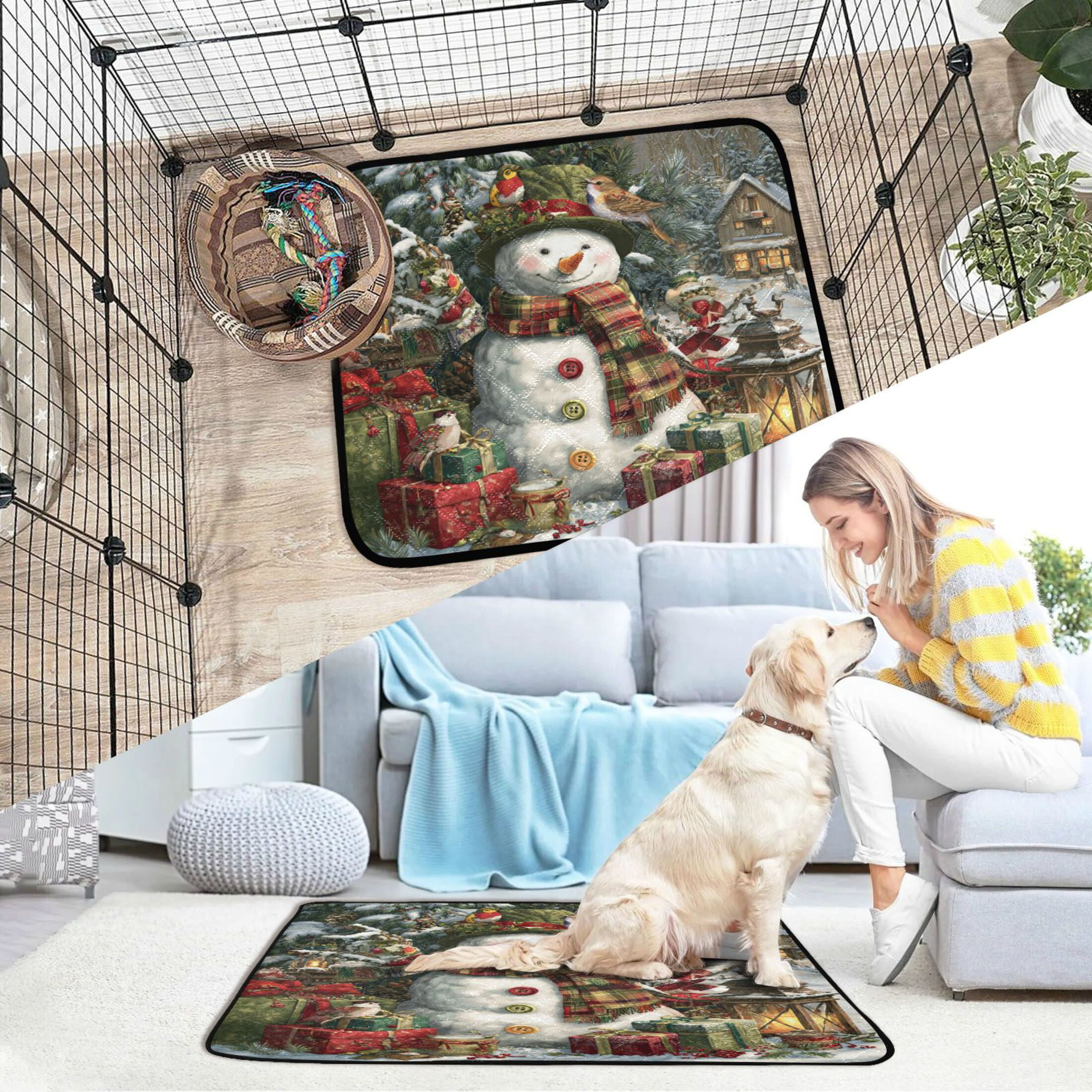 Qxltty Christmas Themed Snowman Cat litter Pads Pet Set of 2 Diaper Mats Center Anti-leakage Layer Absorbent Soft and Comfortable