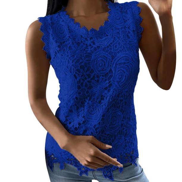 Camiseta sin mangas con cuello en V y encaje para mujer: poliéster, botones en la espalda, bordado floral, informal para el verano