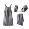thumbnail image 2 of Mifsaly Womens 4 Piece Plush Bath Dress Set Absorbent Sleeveless Wrap Shower Robe with Pockets,Hair Towel Wrap, Dry Hair Cap & Bath Towel Gray,Free Size, 2 of 7