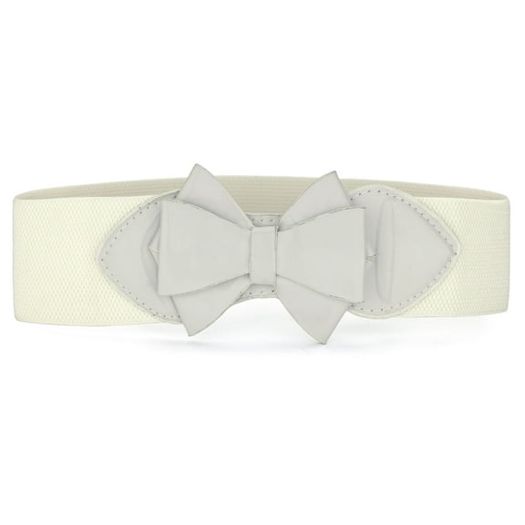 Lady Faux Leather Bowknot Decor ELastic Party Waist Belt Off White