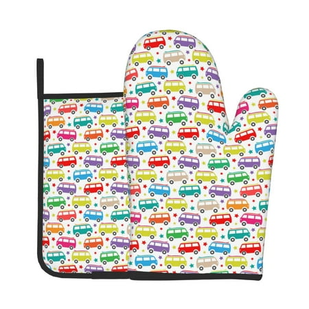 

Tebeau Colorful Bus Print Oven Mitts and Pan Racks 2-Piece Set Kitchen Oven Mitts and Pan Racks Heat Resistant 500 °F for Baking and Cooking