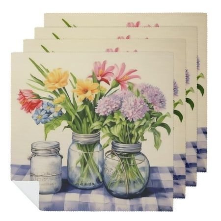 Nawy Spring Gray Buffalo Plaids Lavender Tulip Floral Polyester Dinner Napkin 2 PCS