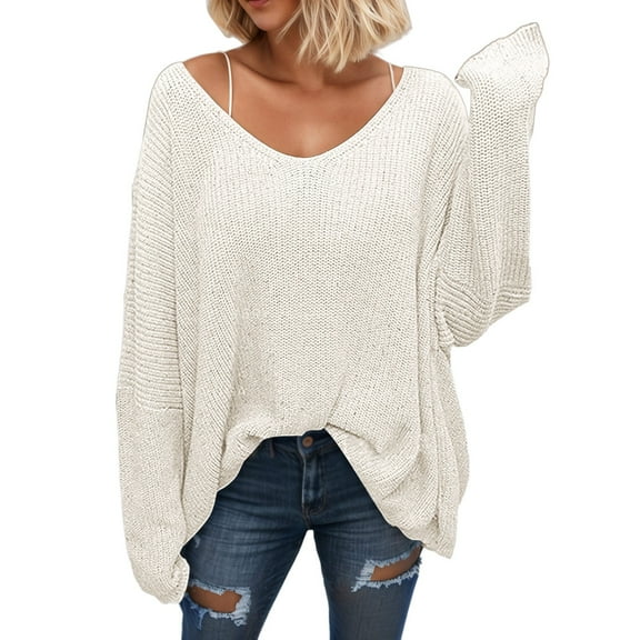 Arlun Women's V-Neck Long Sleeve Knit Sweaters Loose Fit Drop Shoulder Sweater Fall Winter Soft Comfortable Pullover Tops Casual Loungewear WH2 XS