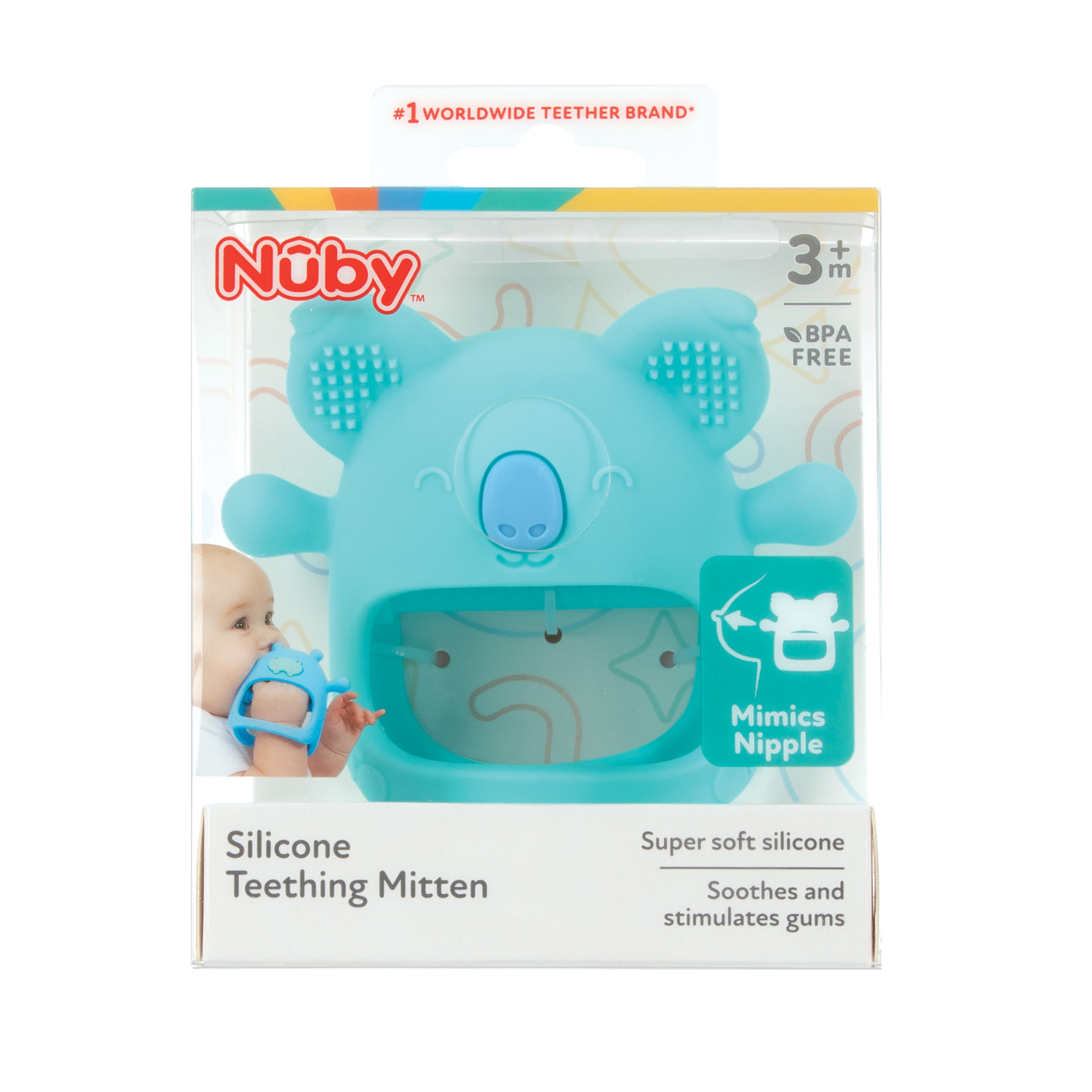 Nuby Silicone Wrist Teething Mitten Ring for Babies, Blue Koala Design