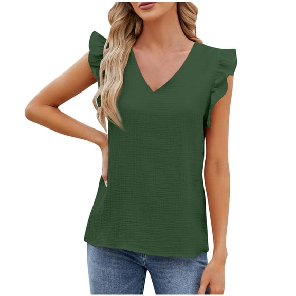 Zpanxa Soft V-Neck Top with Ruffle Detail, Women's Short Sleeve Button-Front Blouse in Solid Color, Relaxed Fit
