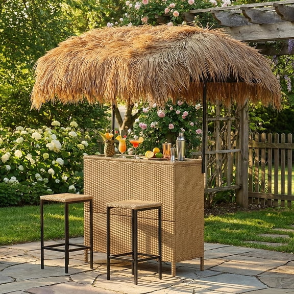 LAZZO 3 Pieces Outdoor Bar Set, Patio Wicker Bar Set with Height Stools and Islander Tiki Bar for Garden, Yellow