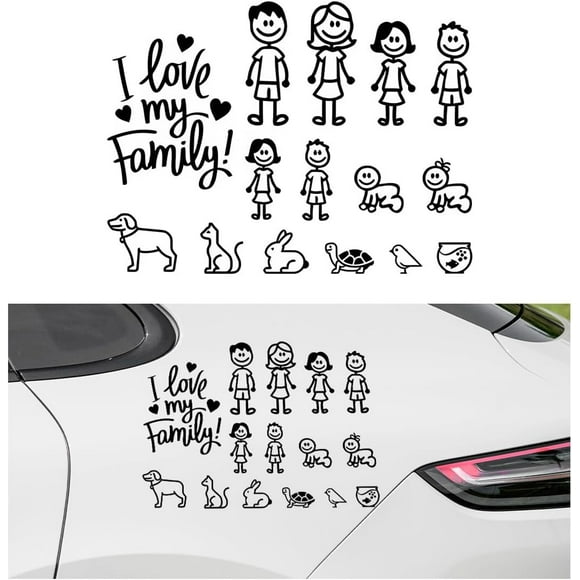 Family Car Sticker, Waterproof I Love My Family Cartoon Auto Decorative Sticker, Family Figures Pets Animal Decals for Bumper Window Laptop Fridge Luggage, Car Accessories
