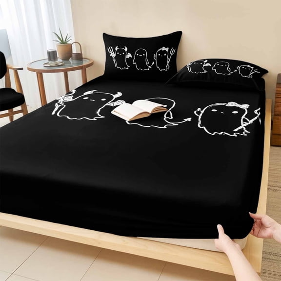 Queen Size Fitted Sheet Set - Black Halloween 3 Piece Bedding Sets 16" Deep Pocket Fitted Sheet with 2 Pillowcases, Funny Ghost Cute Cartoon Spooky Brushed Microfiber Hotel Luxury Bed Sheets