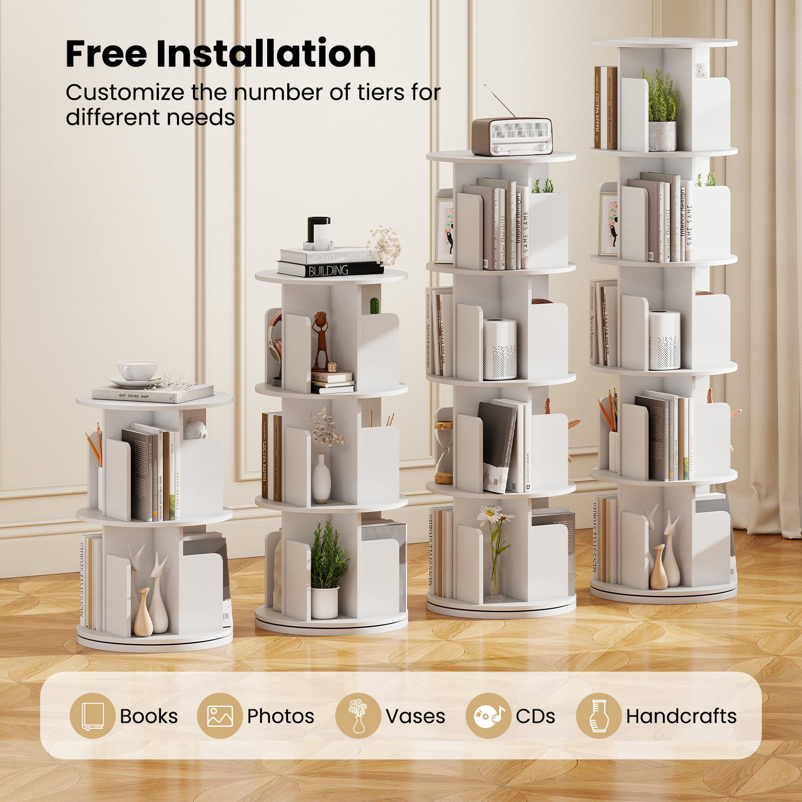 Costway 2 PCS 5-Tier Rotating Bookshelf 360° Display Rack Dividers & Anti-falling Baffles White