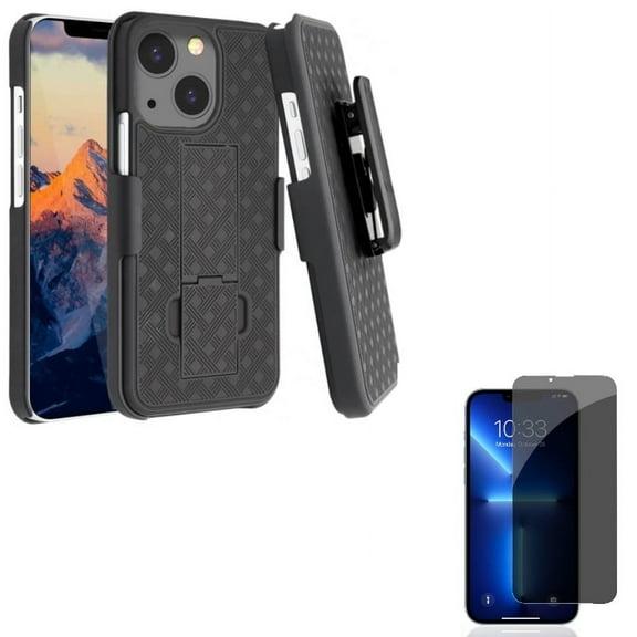 Privacy Screen Protector w Case Belt Clip for iPhone 13 - Tempered Glass Curved Anti-Spy Anti-Peep 3D Edge, Holster Swivel Cover Kickstand Armor V9W Compatible With iPhone 13