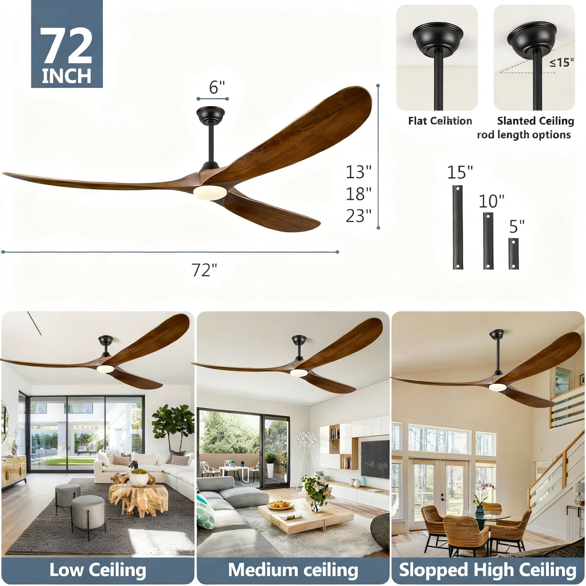 72" 3-Blade Ceiling Fan with Light & Remote – 6-Speed High CFM Quiet DC Motor, Solid Walnut Wood Blades, Indoor/Outdoor/Patio (Coastal/Farmhouse)