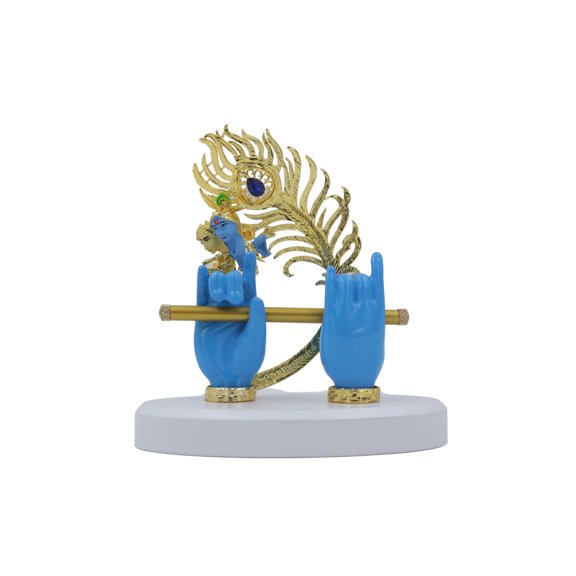 NATRIEL Decorative Krishna Flute Holder, Blue and Gold Spiritual Figurine, Religious Home Decor Showpiece with Peacock Design, 12 cm x 6 cm