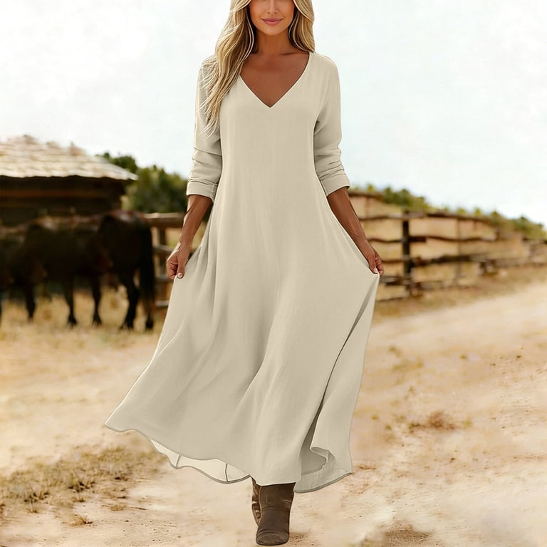 fall beach dresses Ovbmpzd V Neck Summer Maxi for Women With Long Sleeves Wedding Guest Shirt Dresses Loose Fitting Khaki Casual Dresses,XXL Size:US 16 / EU 48 / UK 20