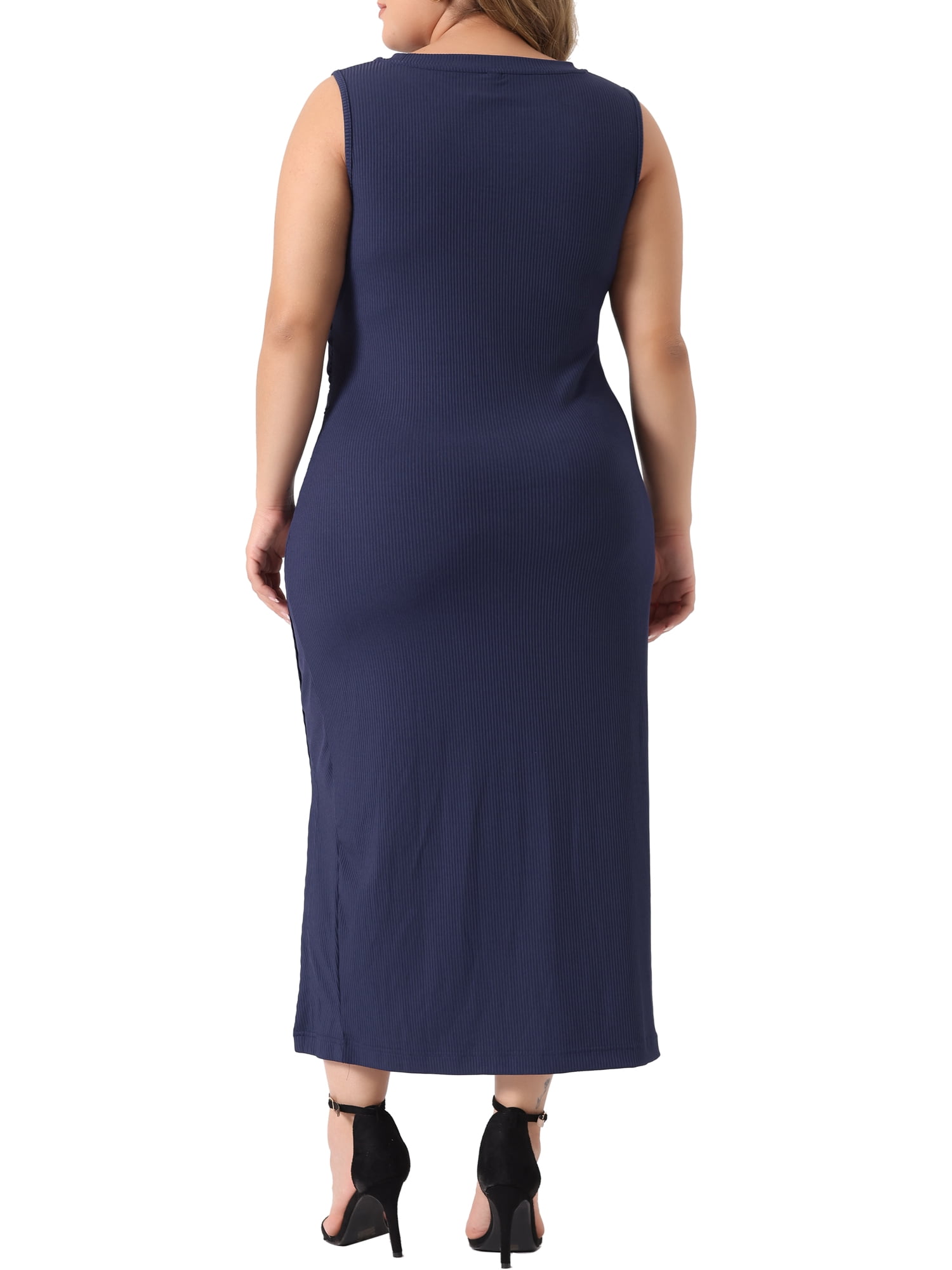 Unique Bargains Women's Plus Size Elegant Knit Slit Tank Midi Ruched Bodycon Dresses 3X Navy Blue