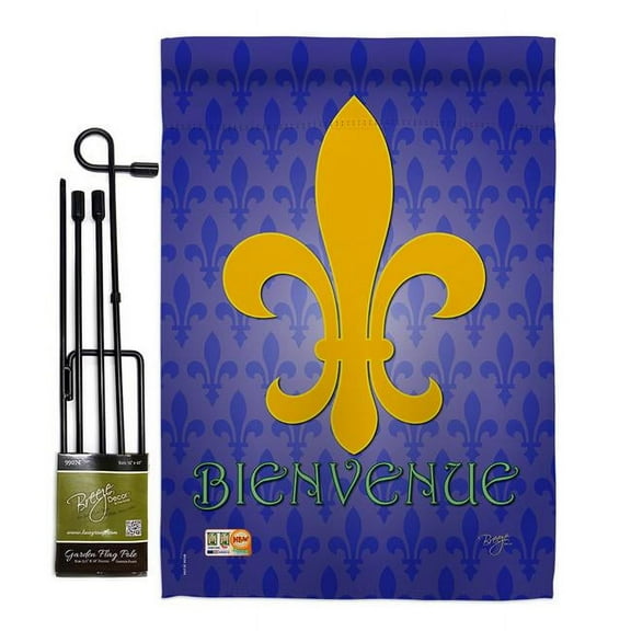 Breeze Decor BD-FU-GS-118009-IP-BO-D-US13-BD 13 x 18.5 in. Bienvenue Interests Fleur De Lys Impressions Decorative Vertical Double Sided Garden Flag Set with Banner Pole