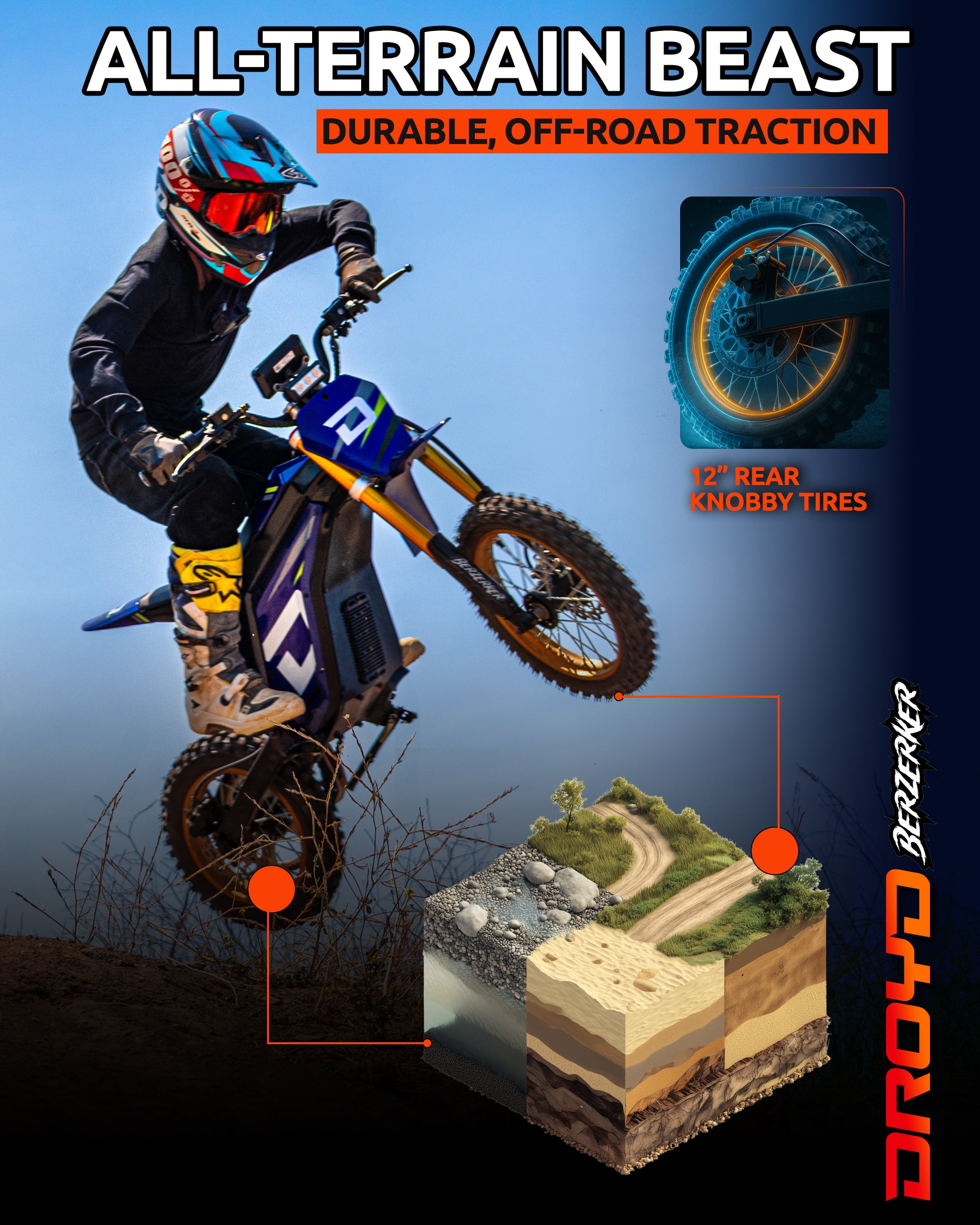 Droyd Berzerker Electric Dirt Bike for Kids 13+, Teens & Adults – 3000W Peak Motor, 48V 30Ah LFP Battery, 42 MPH Max Speed, 50 Mile Range, Hydraulic Brakes, Adjustable Suspension, Off-Road