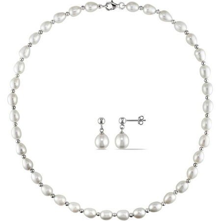 Miabella 8-8.5mm White Rice Freshwater Cultured Pearl Sterling Silver Strand Necklace and Dangle Earrings Set, 18