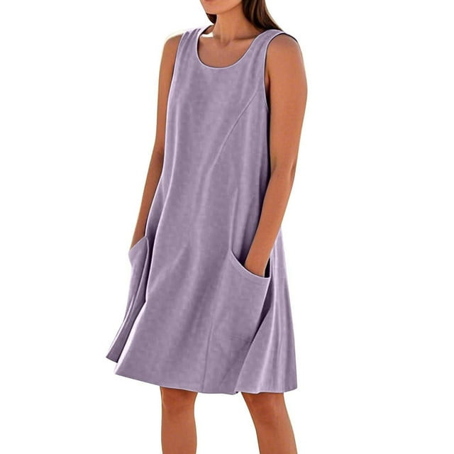 Vestido sin mangas estampado de lino para mujer: largo hasta la rodilla, estampado floral, bolsillos, ropa de verano para la playa.