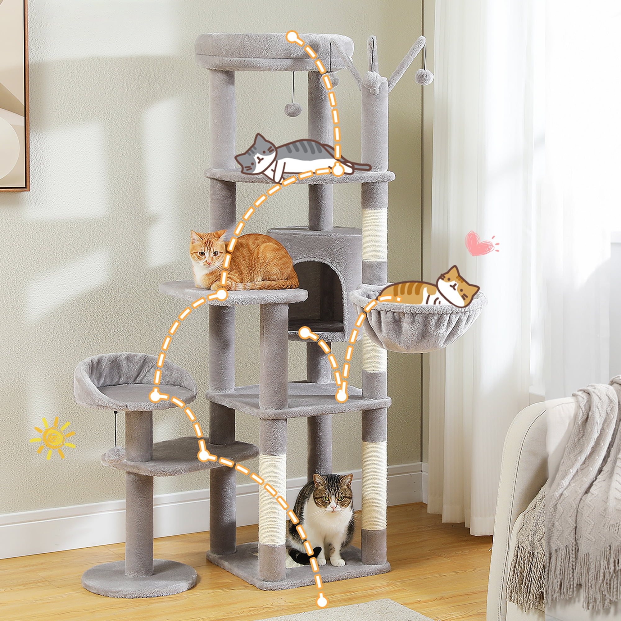 Kadyn 59" Multi-Level Cat Tree House with Large Hammock, Scratching Post, 2 Perches, Cat Tower with 3 Removable Pompom Sticks, Cat Condo, Gray