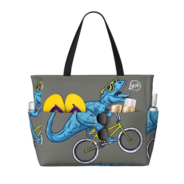 Disketp Fun Riding Dinosaur Bolsa de Playa de Gran Capacidad, Bolso Impermeable y a Prueba de Arena para Mujer, Ideal para Playa, Piscina y Natación
