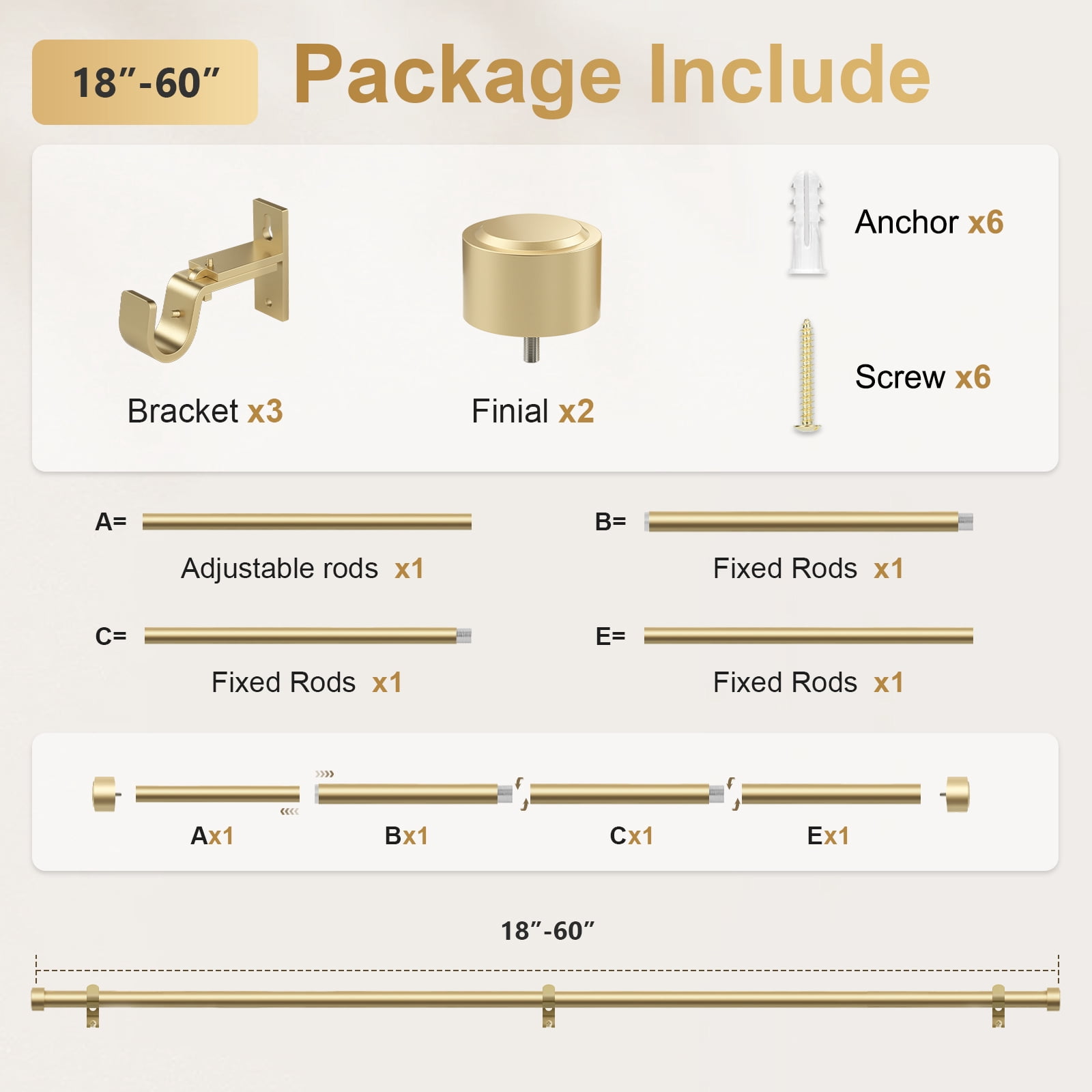 HEI! DEAR 1" Adjustable Gold Curtain Rod Heavy Duty with Solid Aluminum Finials,18-60"