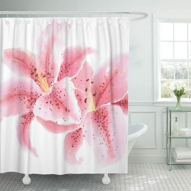 Cortina de Ducha ABPHQTO Flores Rosas Stargazer Lirios Acuarela Blanco Tropical 160x180 cm