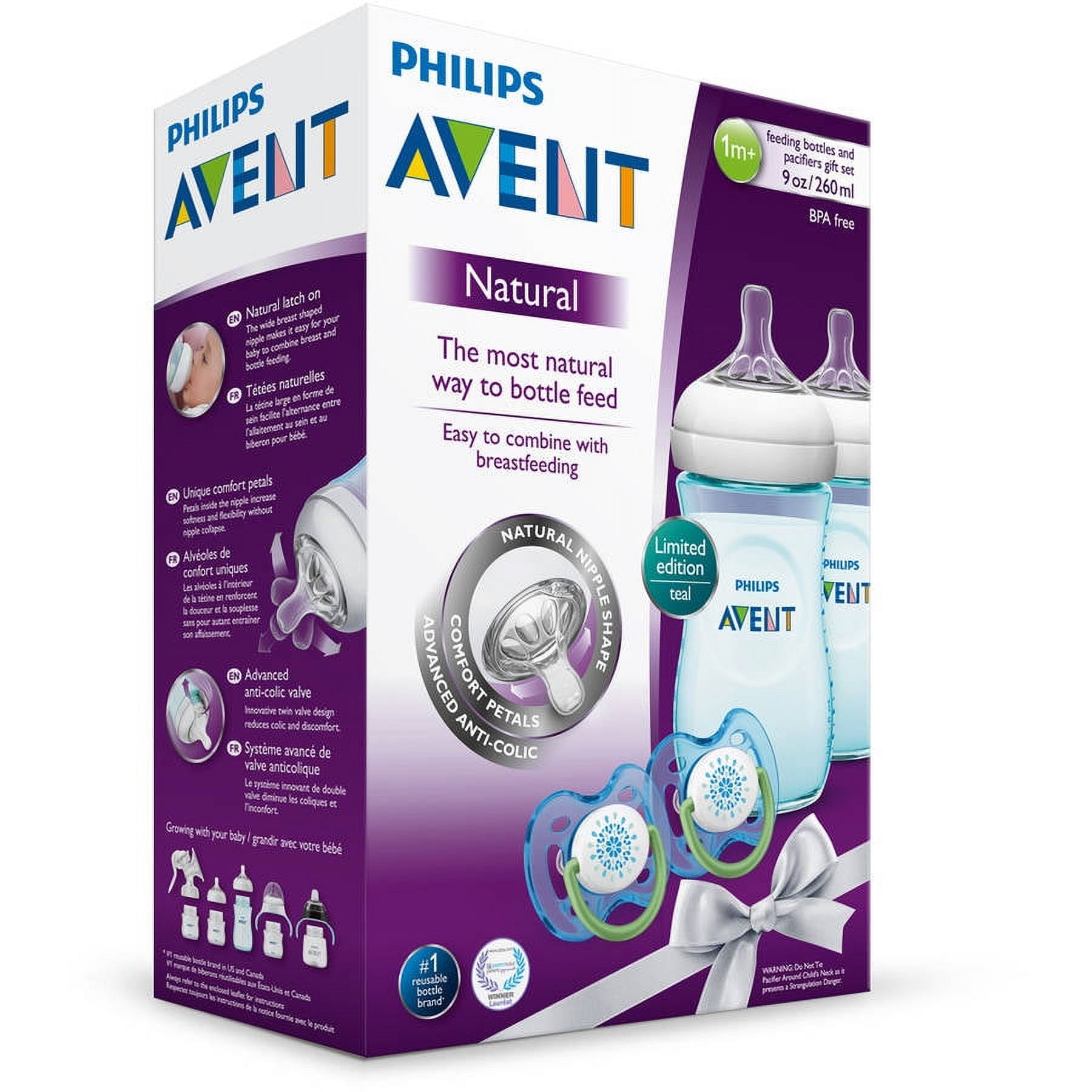 Philips Avent 4 Piece Teal 9 Ounce Natural Feeding Bottle and Pacifier  Fashion Gift Set 